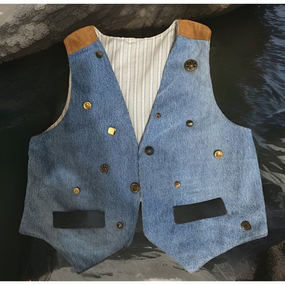 Y2K Shabby Chic Granny Hand Made Women’s denim vest Art Patch Work Grunge Hippie